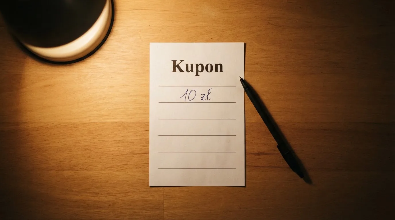 Pusty papierowy kupon zakładu i długopis leżą na blacie, widok z góry w świetle lampy.